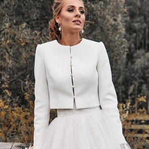 Chaqueta de novia, abrigo de lana de boda, chaqueta de marfil para vestido de novia, bolero de boda, cubierta de otoño, blazer de novia blanca, caída superior nupcial recortada