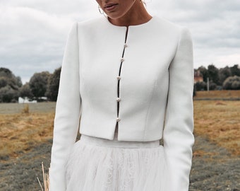 Chaqueta de novia, abrigo de lana de boda, chaqueta de marfil para vestido de novia, bolero de boda, cubierta de otoño, blazer de novia blanca, caída superior nupcial recortada