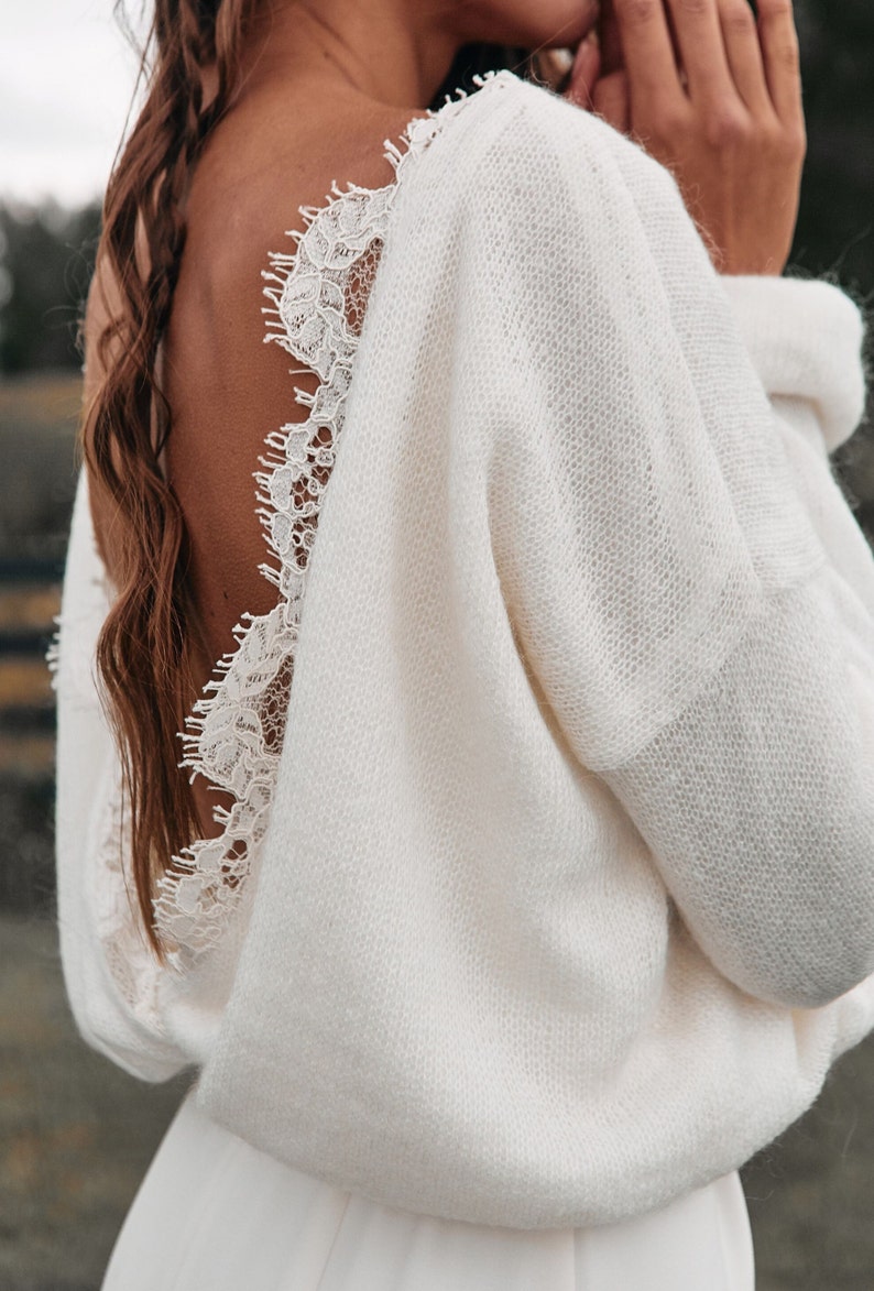 Bridal cardigan, wedding knitted sweater, bridal ivory pullover, knitted ecru jacket, knitted coat wedding, sweater with lace, bridal top zdjęcie 7