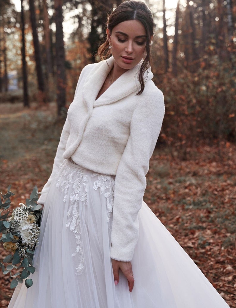 Bridal Jacket Eco Vegan Wool, Angora V-Neck Wedding Shrug, Bridal Lace Jacket Cover Up, Buttoned Wedding Bolero, Ivory Bridal Coat Spring 24 image 1