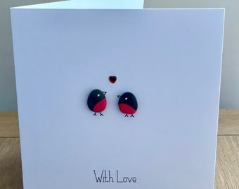Carte d&#39;art en galets fait main Robin avec amour, anniversaire, Saint-Valentin, mariage, fiançailles, célébrations sur commande
