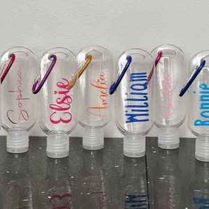 Personalised Hand Sanitiser Gel 50ml Bottle with clip . Vinyl, Name, Made to Order
