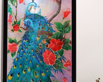 Peacock 3D Glass Painting, Stained Glass Wall Art, Colorful Wildlife Window Hanging