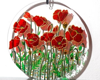 Red Poppies Glass Suncatcher – 8 Inch Hand-Painted Round Window Hanging