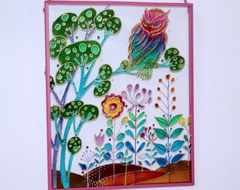 Colorful Owl 3D Glass Painting, Hand Painted Suncatcher, Bird Window Hanging Art 25x20 cm