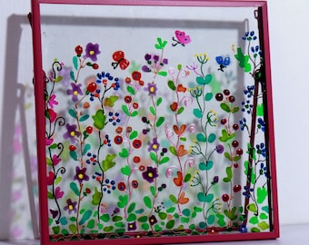 Wildflower Stained Glass Suncatcher – 6.25x6.25 Hand-Painted Window Panel