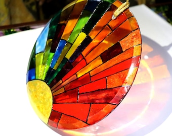 Rainbow Sun Suncatcher: Hand-Painted Stained Glass Window Art