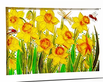 Daffodils Suncatcher 13x9, Sun catcher, stained glass, Original painting, Window hanging, Modern painting, Colorful painting, Glass painting