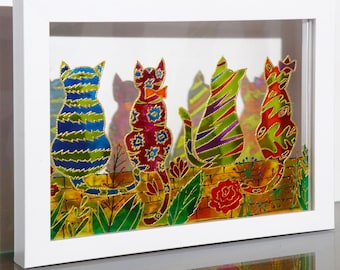 ステンドグラスの猫アート：カラフルな抽象的な装飾、11x9