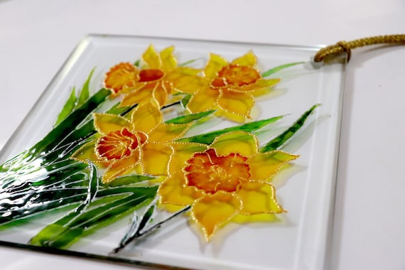 Hand-Painted Daffodils Stained Glass Suncatcher – 8.5"  Yellow Flower Window Art