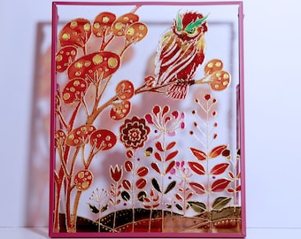 Owl 3D Glass Painting, Hand Painted Suncatcher, Forest Night Bird Window Hanging 25x20 cm