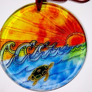 Hand painted Glass Sunset Sun Catcher,Turtle,Art Deco sunrise sun catcher,Sunset suncatcher,Glass Ornament,Sun Stained Glass,Garden Ornament