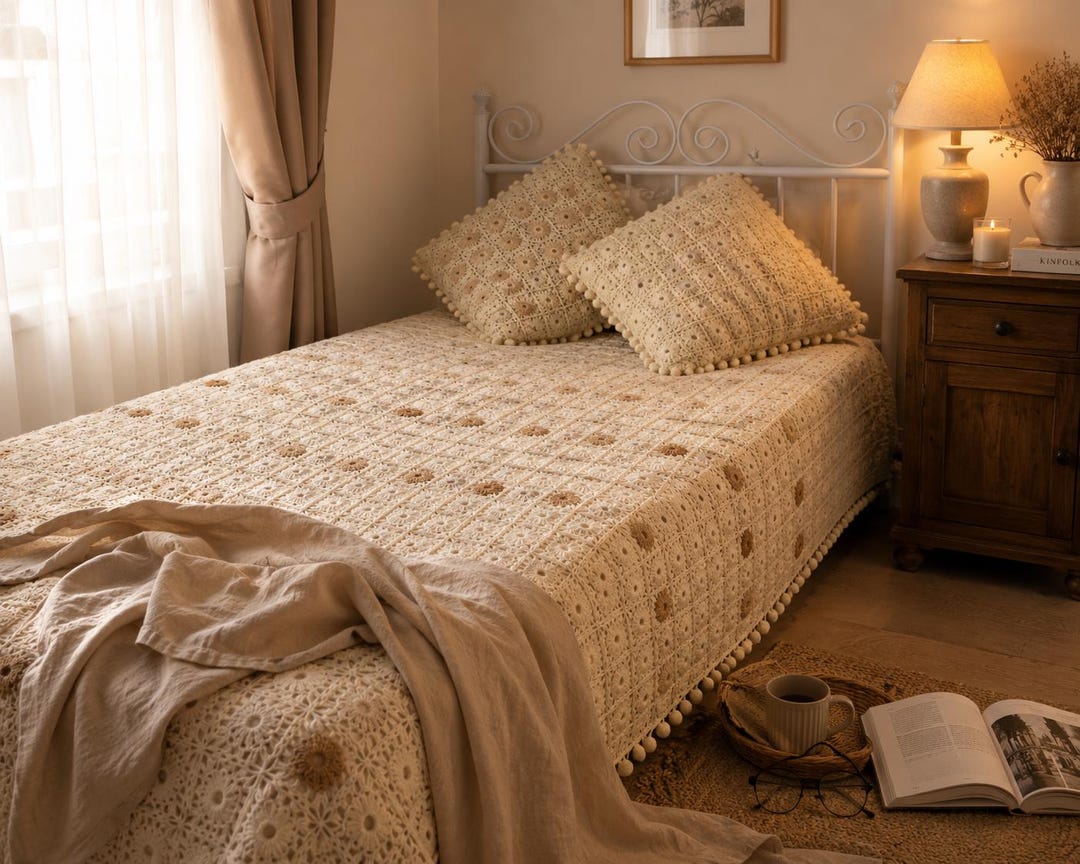 Handmade Crochet Bedspread Set | Cream Boho Vintage Bedding, 240x250 Cm ...