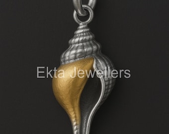 Two-Tone Sterling Silver Conch Shell Pendant: Nautical Beach Jewelry