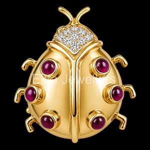 May include: A gold ladybug brooch featuring a polished yellow gold body, six cabochon-cut deep red gemstones set as spots, and a triangular head section encrusted with numerous small, clear, sparkling white diamonds.