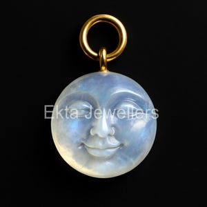 Carved Moonstone Face Pendant | 925 Sterling Silver Gold-Plated Celestial Charm | Full Moon Jewelry | Moon Goddess Gift| Boho Lunar Necklace