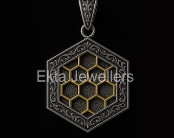 Colgante de panal de abeja bicolor: joyería de colmena de plata de ley bañada en oro