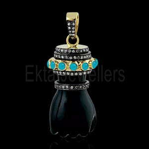 Handmade 925 Sterling Silver With Diamond And Turquoise Black Onyx Figa Hand Charm Pendant Jewelry