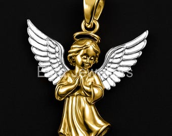 Two-Tone Gold Silver Guardian Angel Pendant, Sterling Silver Necklace