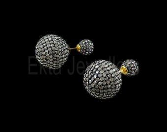 Pendientes de bola de doble cara con diamantes en plata de ley 925 hechos a mano