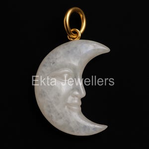 925 Sterling Silver Carved Moon Face Pendant | Gold-Plated Lunar Goddess Charm | Natural Moonstone Crescent Necklace Celestial Jewelry Gift