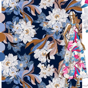 Floral Seamless Pattern | Blue & White Peony Digital Print | Elegant Vintage Fabric Design for Dresses | High Resolution Repeat TIF
