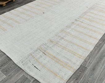 Tappeto turco in canapa di grandi dimensioni 8x12, kilim vintage sbiadito