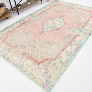 Oversize Vintage Turkish Wool Rug, Muted Turkmen Tribal Floral Area Carpet | Bedroom rug - Living Room Rug