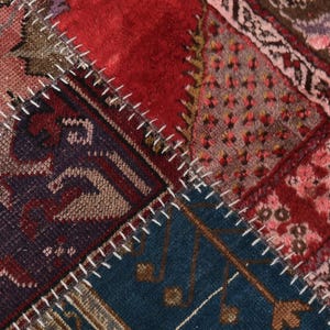 Turkmeński plemienny dywanik patchworkowy, ręcznie robiony wełniany dywan vintage 2x7, dywanik kuchenny, dywanik do przedpokoju