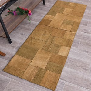 Tapete de corredor turco de cânhamo 2x6, feito à mão, estilo tribal turcomano vintage, patchwork da Anatólia, para cozinha e corredor | Tingimento natural