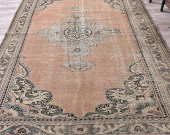 Handmade Turkmen Tribal Turkish Oriental Wool Rug 6x9, Vintage Faded Area Rug