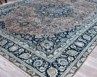 Turkish Vintage Wool Rug, 9x12 Oversize Area Rug, Unique Floral Design