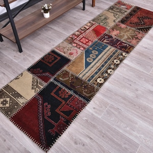 Turkmeens tribal patchwork Turks loperkleed, handgemaakt wollen vintage 2x7 loperkleed, keuken, halloperkleed