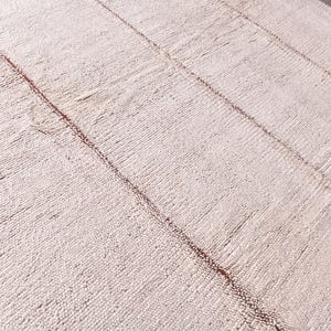 Pu&ograve; includere: Un tappeto rettangolare bianco sporco con una superficie strutturata e linee di accento marroni. Il design del tappeto presenta una serie di linee parallele che corrono lungo la sua lunghezza, creando un motivo sottile. Il tappeto &egrave; realizzato in materiale tessuto.