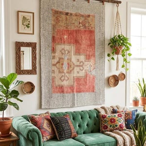 Handwoven Wool Kilim Tapestry Wall Art, Vintage Turkmen Tribal Rug (4'10"x3'4")