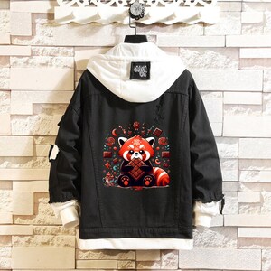 May include: Black denim jacket with a white hoodie lining. The jacket features a red panda graphic with a chocolate bar and other sweets.
