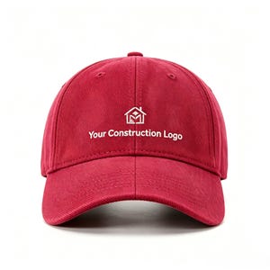 Peut inclure: Une casquette de baseball rouge avec une icône de maison brodée en blanc au-dessus du texte Your Construction Logo centré sur le panneau avant. La casquette présente une calotte structurée, une visière incurvée et des coutures visibles.