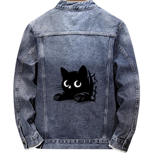 Vintage Blue Cat Denim Jacket, Teens Jacket, Zipper Jacket, Mens Jacket, Custom Jacket, Personalized Jacket, Son&#39;s Gift, Boyfriend Gift