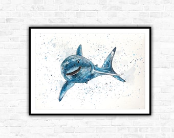 Great White Shark Watercolour Painting Print. Shark Art.  Shark Illustration. Sea Art. Animal illustration. Sharks. Wall Art. Home Decor