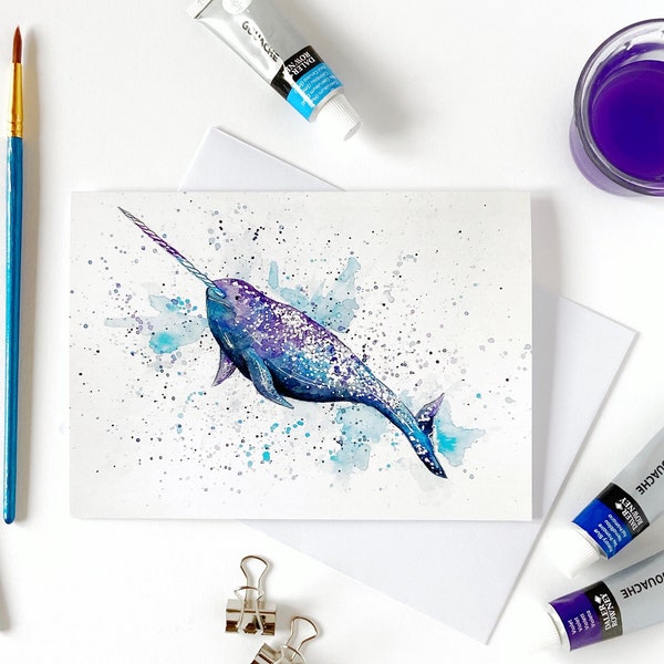 Narwhal Whale Greeting Card. Whale Art. Watercolour Painting Print. Handmade. Whale Illustration. Sea Art. Sea Life. Animal Card Blank Card