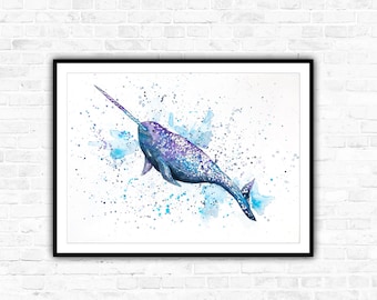 Narwhal Watercolour Painting Print. Whale Art. Whale Illustration. Sea Art. Deep Sea Creatures. Animal. Illustration. Wall Art. Home Decor