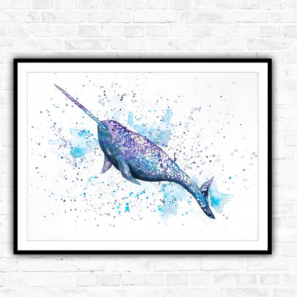 Narwhal Watercolour Painting Print. Whale Art. Whale Illustration. Sea Art. Deep Sea Creatures. Animal. Illustration. Wall Art. Home Decor