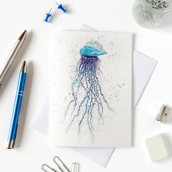 Portuguese Man Of War Greeting Card. Jellyfish Art. Watercolour Painting Print. Illustration. Sea Art. Animal Card. Handmade. Blank Card