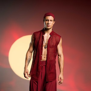 Red Men Vest Shirt Boho Fire Element Vest Alchemist Men’s Sleeveless Shirt Warrior Style Vest Ibiza Mens Fashion Beach Shirt Long Shirt Boho