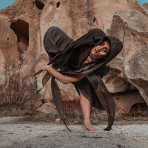 Jedi Alchemist Hood • Bohemian Men Shawl • Organic Clothing Kimono • Tribal Embroidered Shawl • Gray Festival Kimono Hood • Cosplay Hood