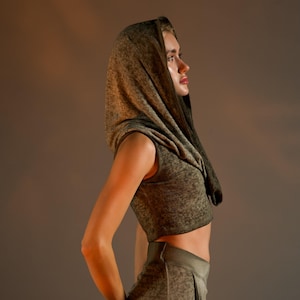Green Bohemian Hooded Top Mystical Boho Crop Top Linen Sexy Hooded Top Raw Cotton Boho Blouse With Hood Shawl Women Cropped Top Bohemian