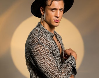 Boho Raw Cotton Men Shirt Long Sleeve Bohemian Men Shirt Black Gifts For Him Retro Vintage Shirt Tribal Linen Shirts  Button Down Shirt Men