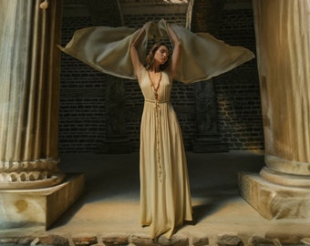 Gold Greek Goddess Gown • Wedding Guest Dress • Bohemian Open Back Maxi Dress • Goddess Dress • Boho Fairy Tale Elegant Dress • Winged Dress