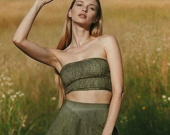 Dam Croppad Bandeutopp Axelbandslös Boho Tubtopp Grön Elastisk Boho Blus Bomullstopp Handfärgad Naturfärgad Klädsel Boho Sommar Crop Top