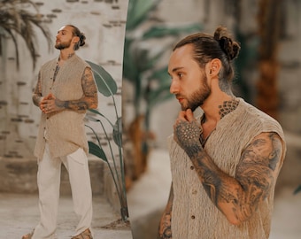 Sleeveless Long Boho Shirt Men Handwoven • Funky Bohemian Handmade Mens Clothing • Raw Organic Cotton Vest • Sleeveless Cool Shirt Gift Him